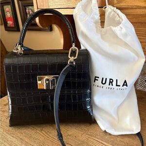 Furla Black Croc-Patterned Satchel